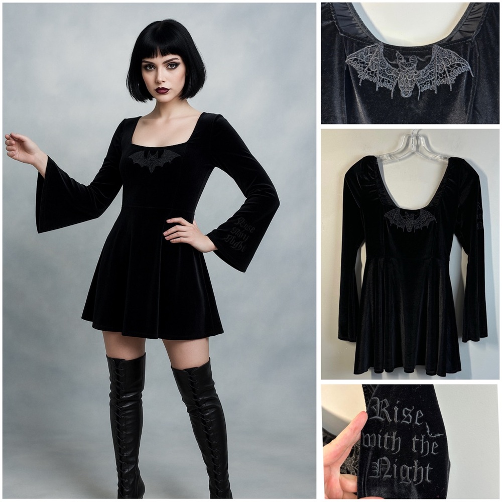 Dolls Kill Black Velvet Bat-Embroidered Mini Dress *REUPLOAD*